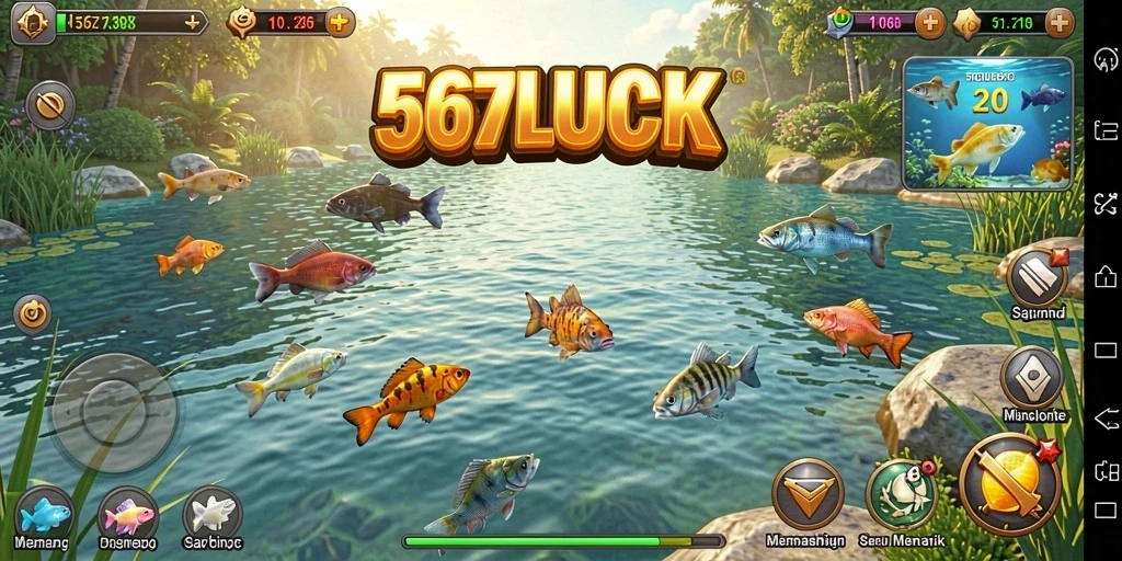 Gameplay seru 567LUCK dengan beragam ikan dan lokasi memancing.