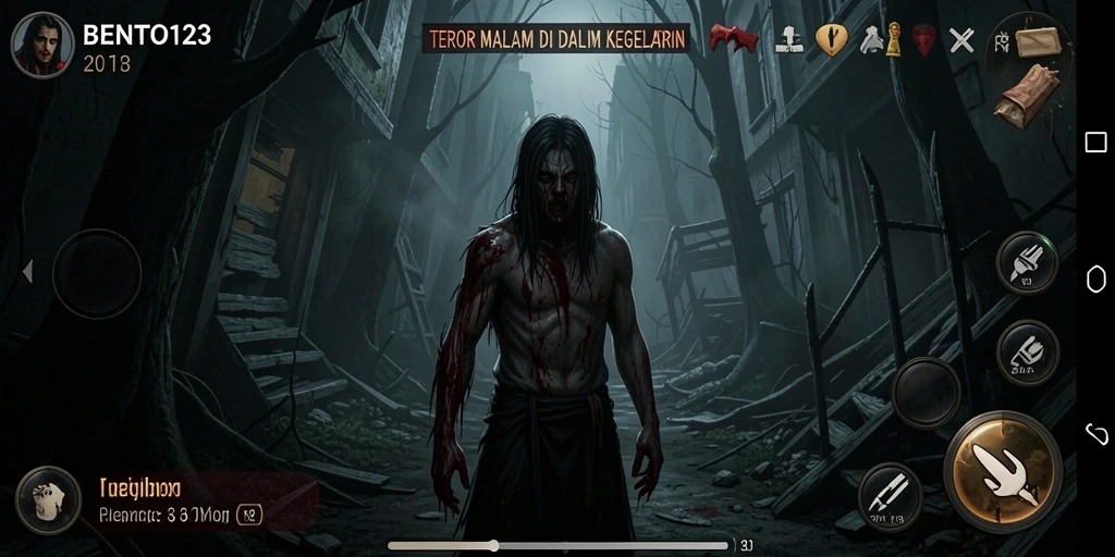 Tampilan gameplay BENTO123 dengan suasana yang mencekam.