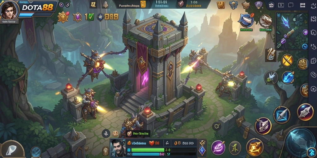 Screenshot gameplay DOTA88 dengan intensitas pertahanan menara.