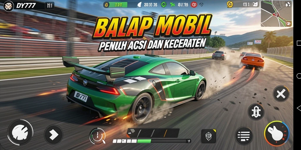 Screenshot utama DY777 menampilkan aksi balap mobil yang seru dan mendebarkan.