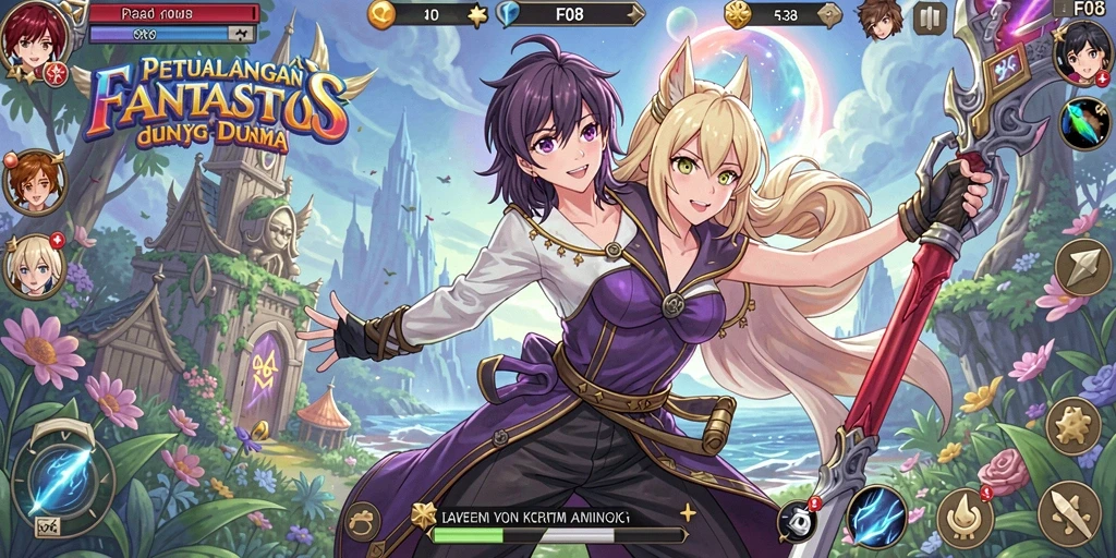 Visual gameplay F08 yang penuh warna dan karakter Anime.