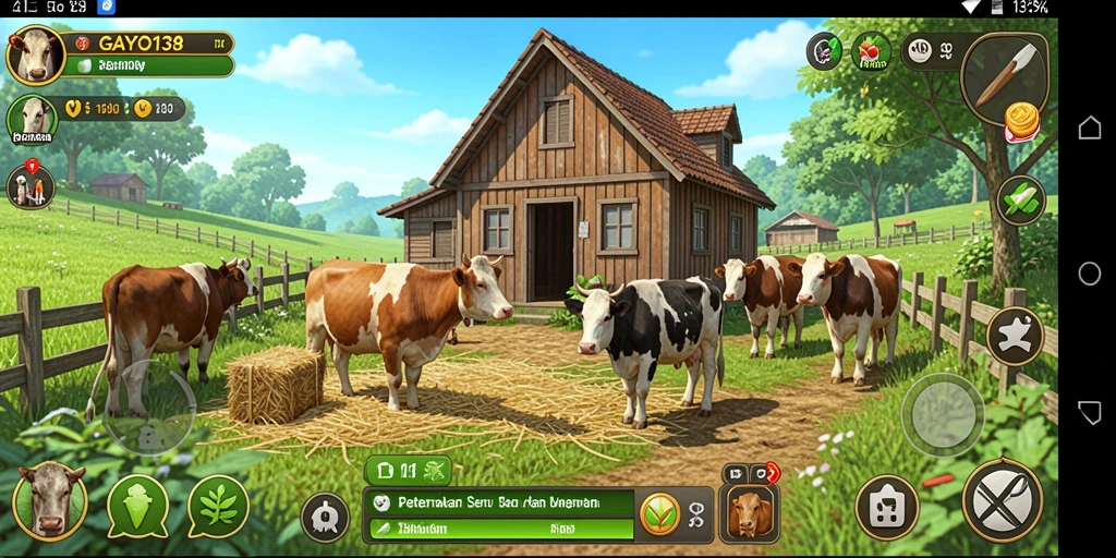 Screenshot gameplay GAYO138 dengan tampilan ladang yang indah dan hewan ternak.