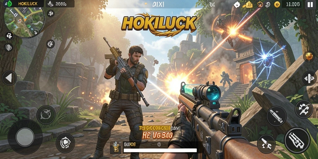 Tampilan gameplay HOKILUCK dengan aksi pertempuran yang intens.