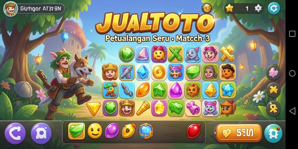 Tangkapan layar utama JUALTOTO menunjukkan aksi mencocokkan yang seru dalam permainan Match-3.