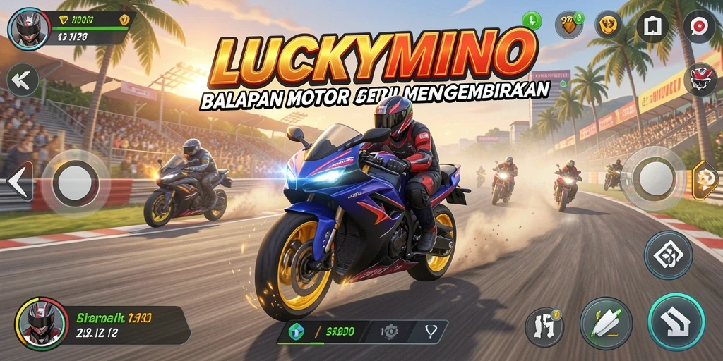Tangkapan layar permainan LUCKYMINO menampilkan balapan motor yang menegangkan dan menyenangkan.