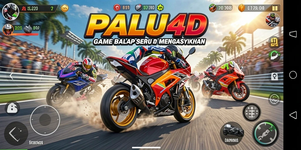 Tangkapan layar gameplay PALU4D saat balapan motor yang mendebarkan.