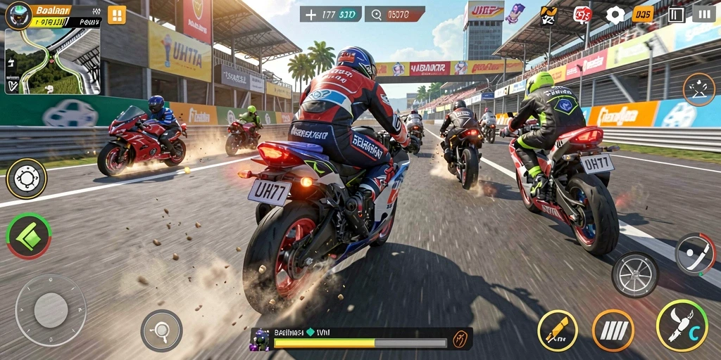 Tampilan gameplay UH77 yang mendebarkan di trek balapan motor.